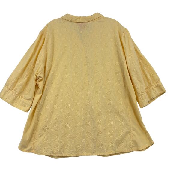 Woman Within Blouse Size 1X Yellow Embroidered Button Up Elbow Sleeve Cotton - Picture 4 of 8